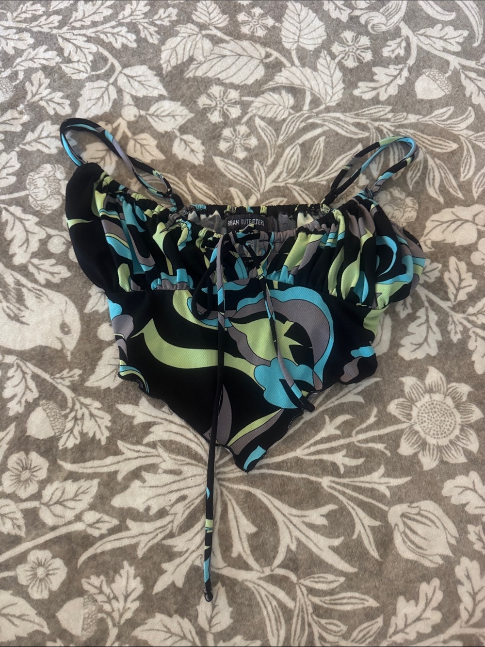 Urban Outfitters Black Swirl Tie-Front Cropped Cami with Blue & Lime